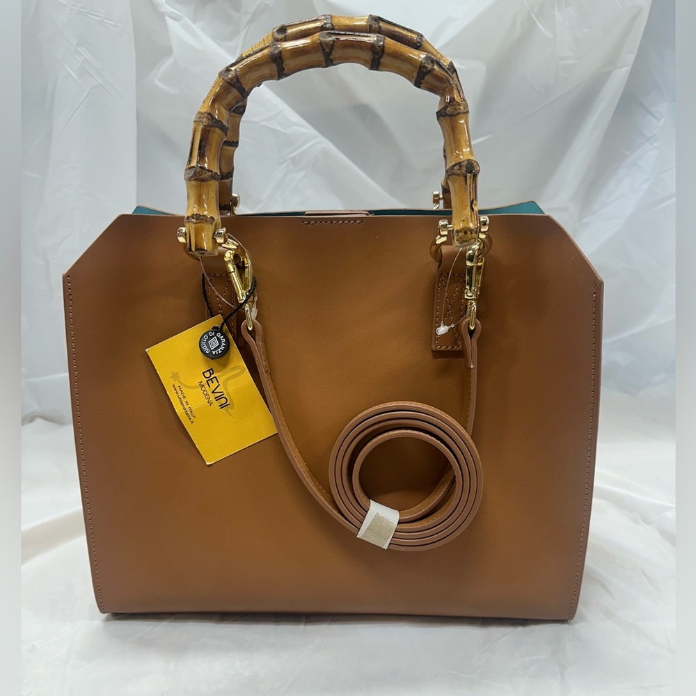 Bevini Modena Bamboo Handle Tote Bag, Italian Leather Handbags, Made in Italy